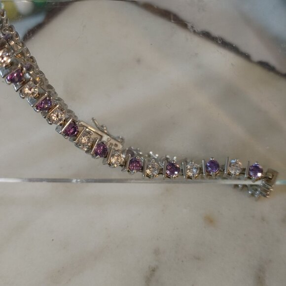 Sterling Silver CZ Bracelet 7 Inches Tennis  Sparkling Purple Clear Stonesn Gift - Picture 9 of 12